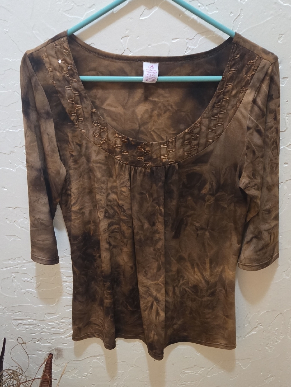 Bobbie Brooks Brown Tie-Dye Scoop Neck 3/4 Sleeve Top